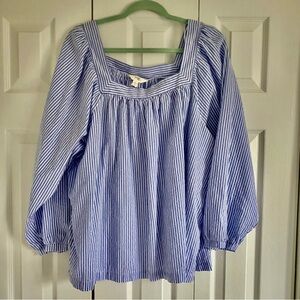 Terra Sky Women Blouse 2XL 100% Cotton Long Sleeve Blue Stripe Coastal Preppy